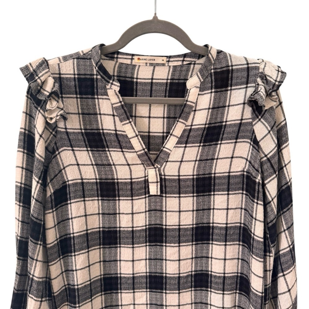 Marine Layer Jamie Ruffle Sleeve Top in Black/White Plaid Size Medium - Picture 5 of 12